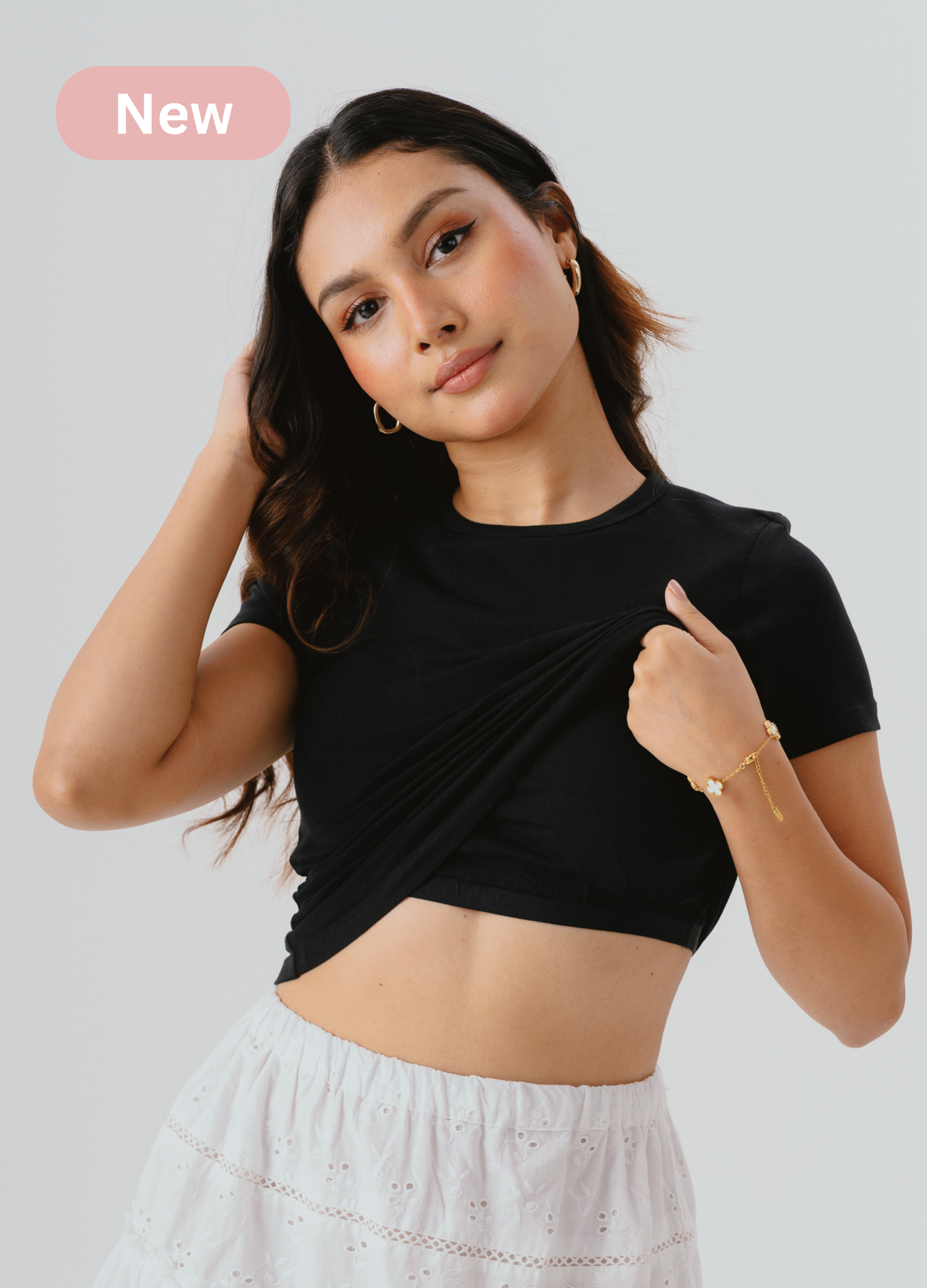 Crew Neck Braless Tshirt (Full Length) - Midnight Black