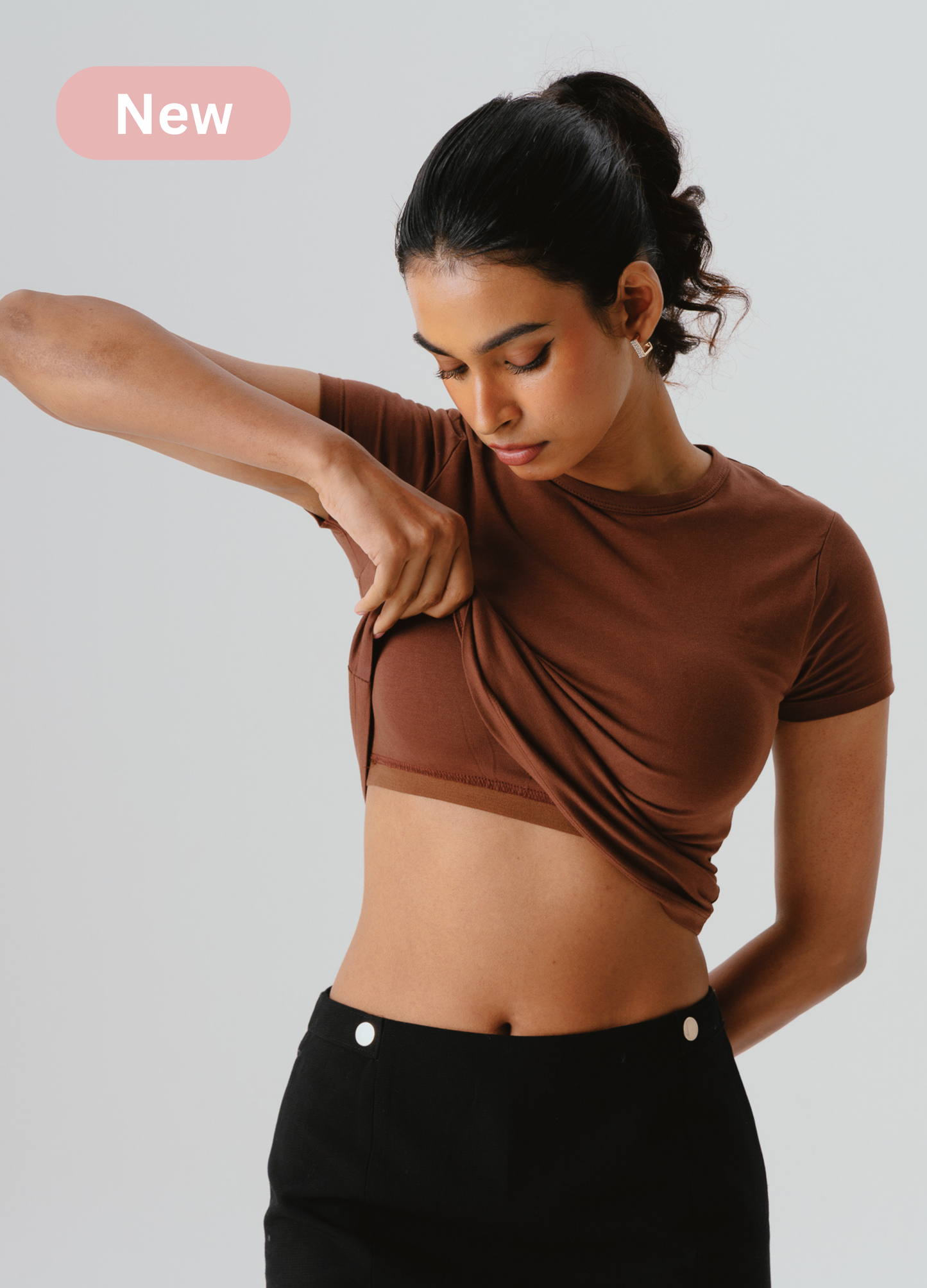 Crew Neck Braless Tshirt (Full Length) - Mocha Brown