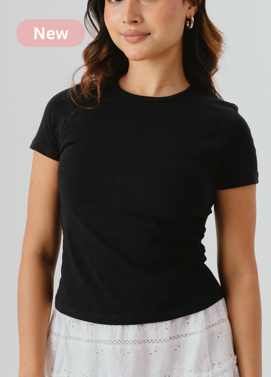 Crew Neck Braless Tshirt (Full Length) - Midnight Black
