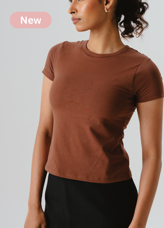 Crew Neck Braless Tshirt (Full Length) - Mocha Brown
