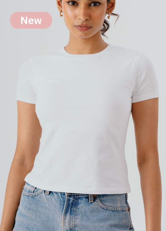Crew Neck Braless Tshirt (Full Length) - Fairy White