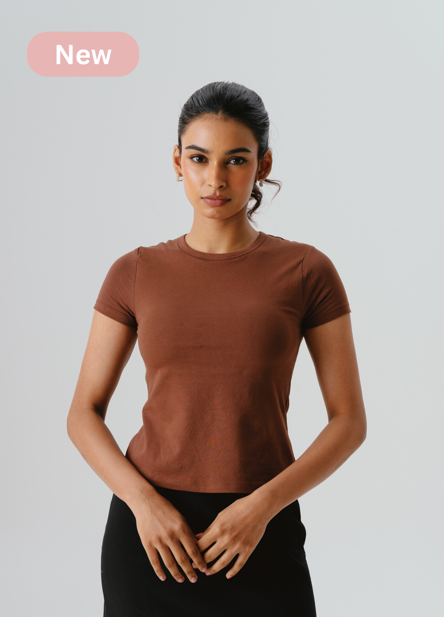 Crew Neck Braless Tshirt (Full Length) - Mocha Brown