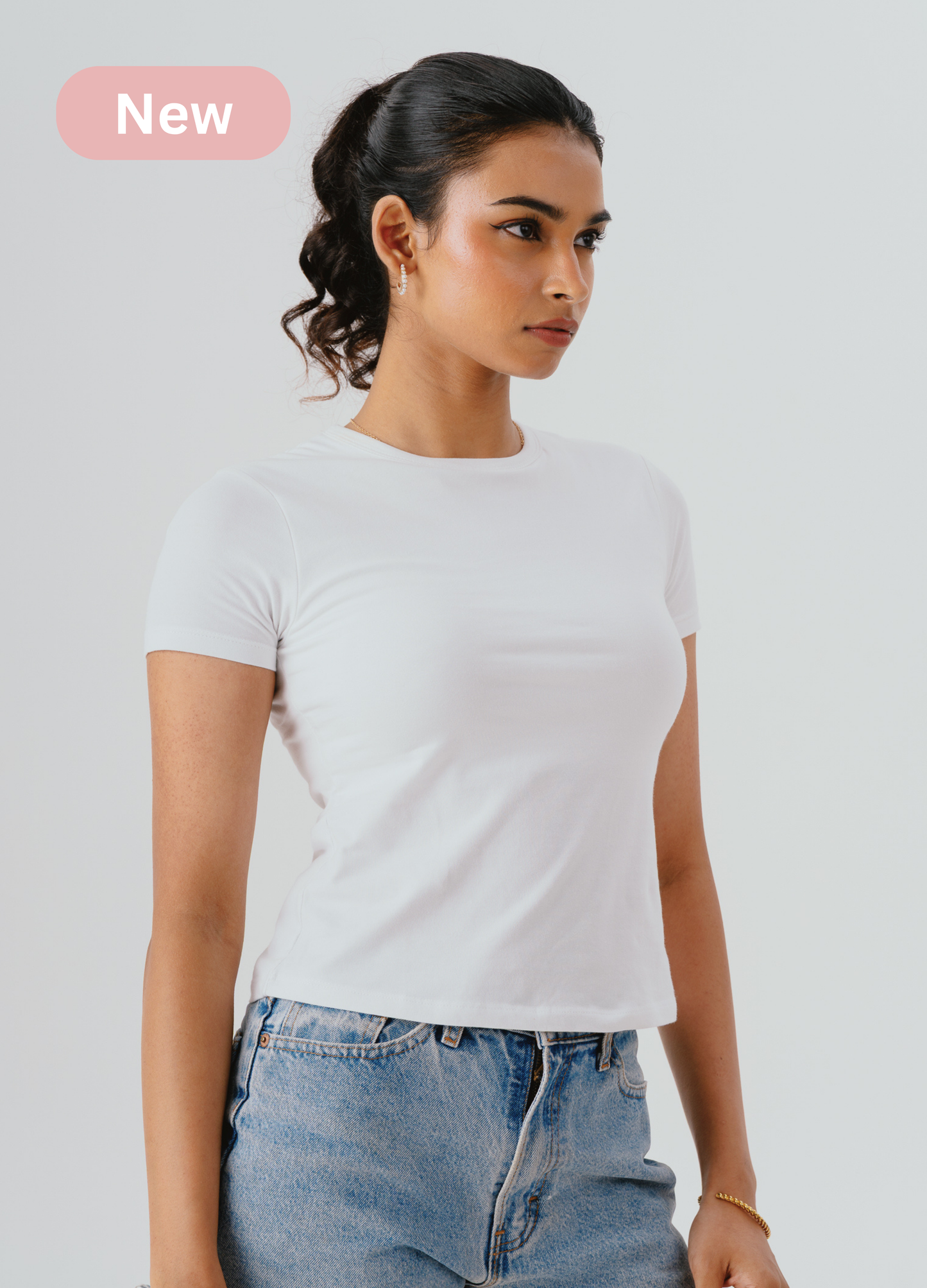 Crew Neck Braless Tshirt (Full Length) - Fairy White