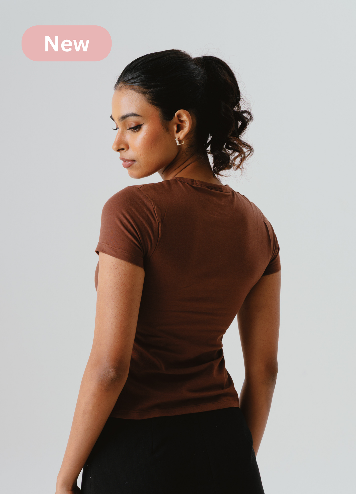 Crew Neck Braless Tshirt (Full Length) - Mocha Brown