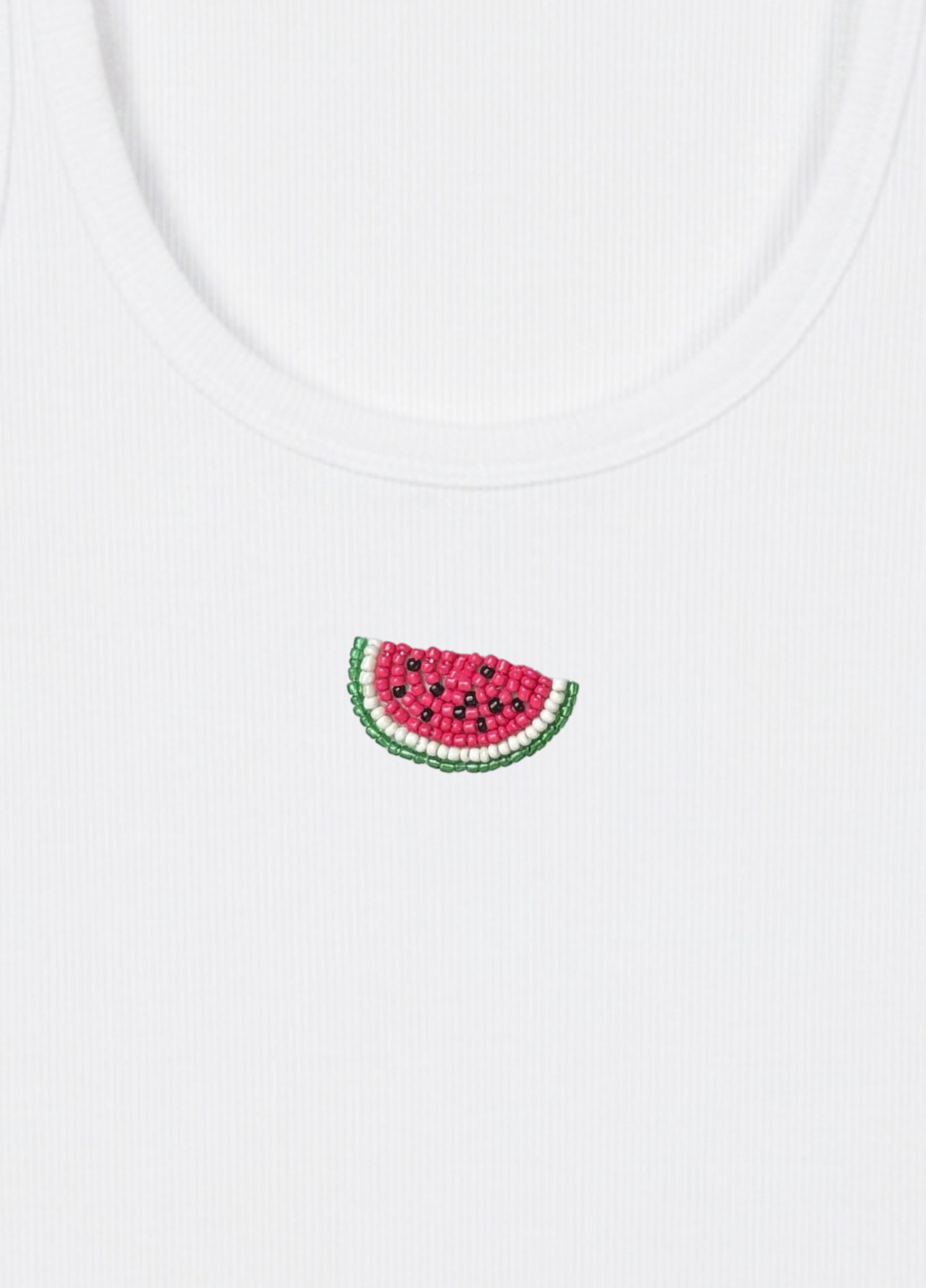 White braless tank top with a watermelon design on a yellow background