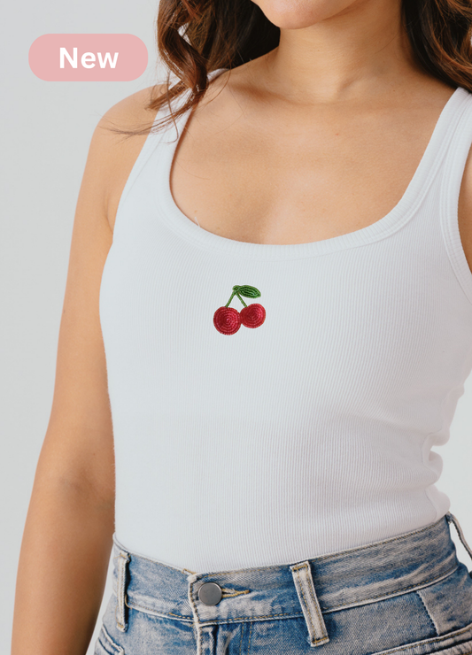 Cherry Scoop Neck Tank (Braless) - Fairy White