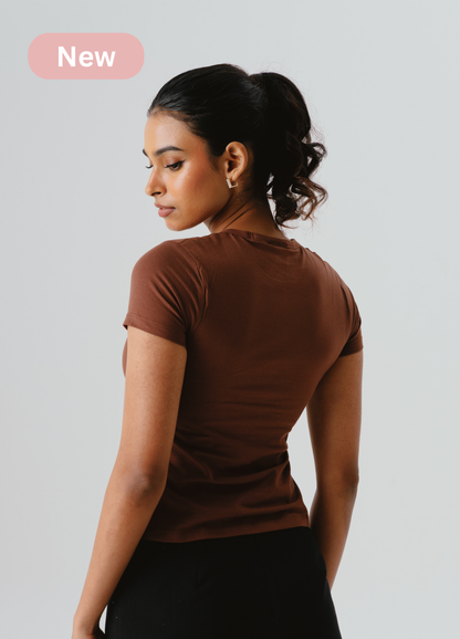 Crew Neck Braless Tshirt (Full Length) - Mocha Brown