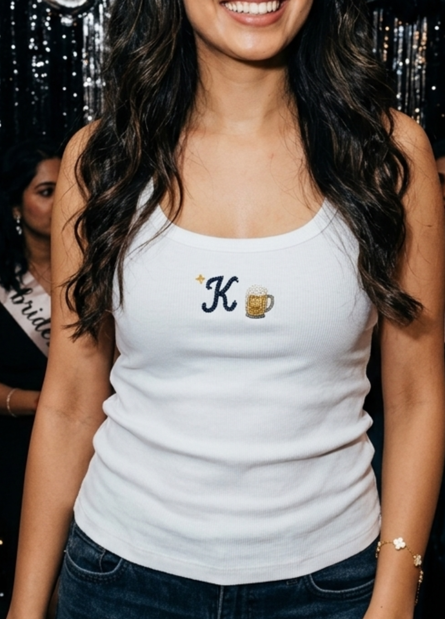 Beer with initial Scoop Neck Tank (Braless) - Fairy White