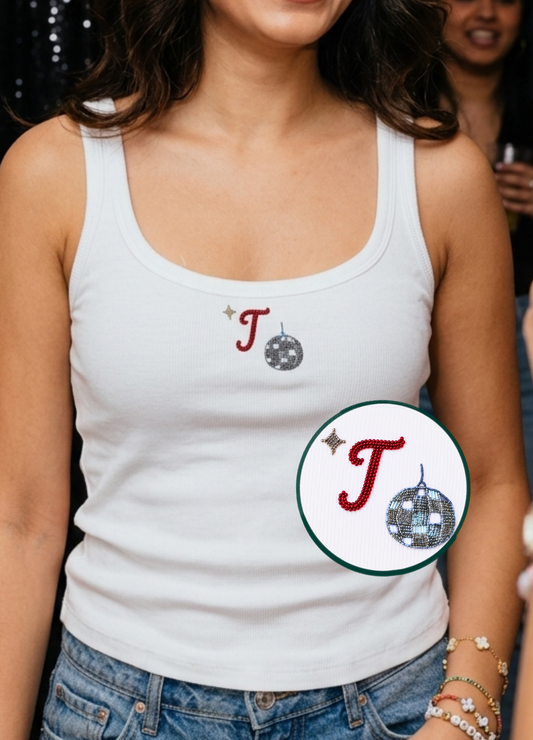 Disco ball with initial Scoop Neck Tank (Braless) - Fairy White