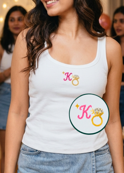 Ring with initial Scoop Neck Tank (Braless) - Fairy White