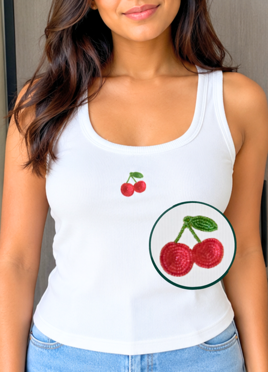 Cherry Scoop Neck Tank (Braless) - Fairy White