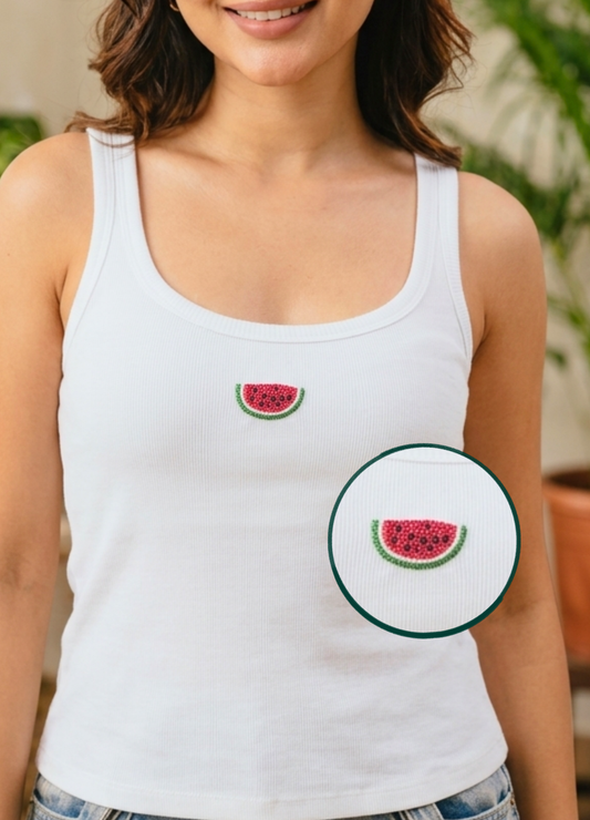 Watermelon Scoop Neck Tank (Braless) - Fairy White