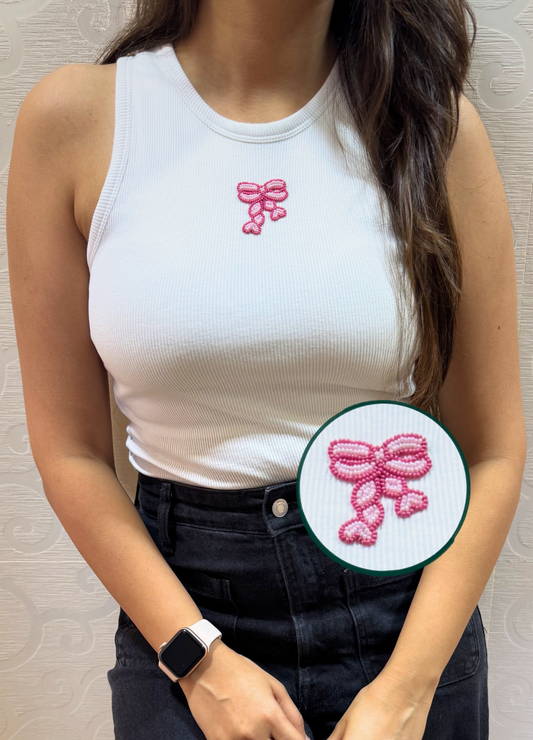 Bow High Neck Braless Tank - Fairy White