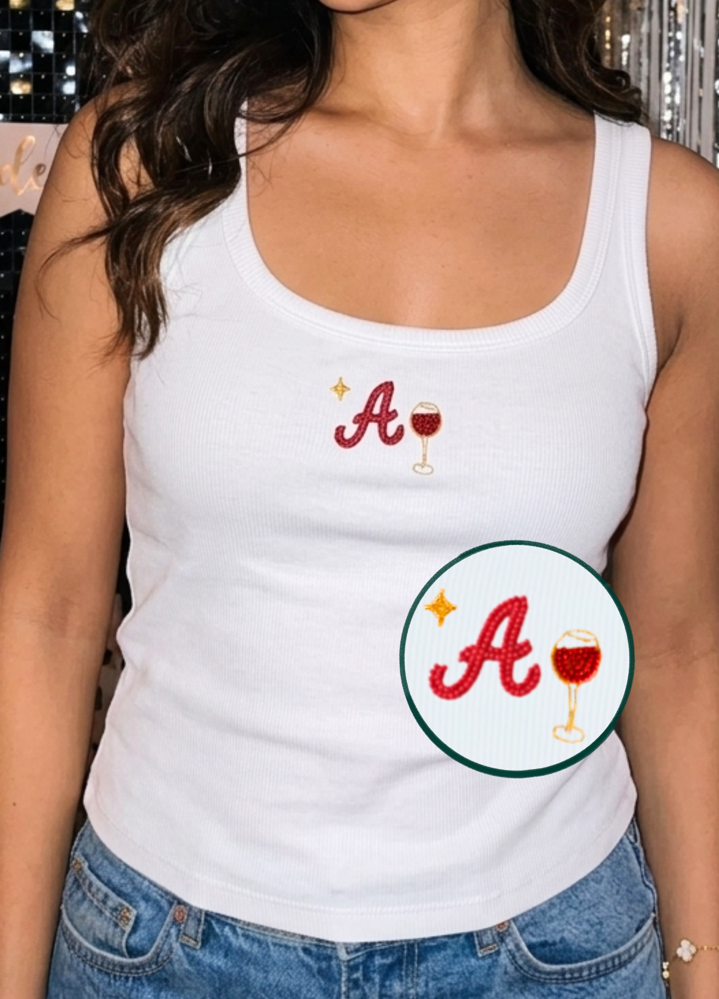 Wine with initial Scoop Neck Tank (Braless) - Fairy White