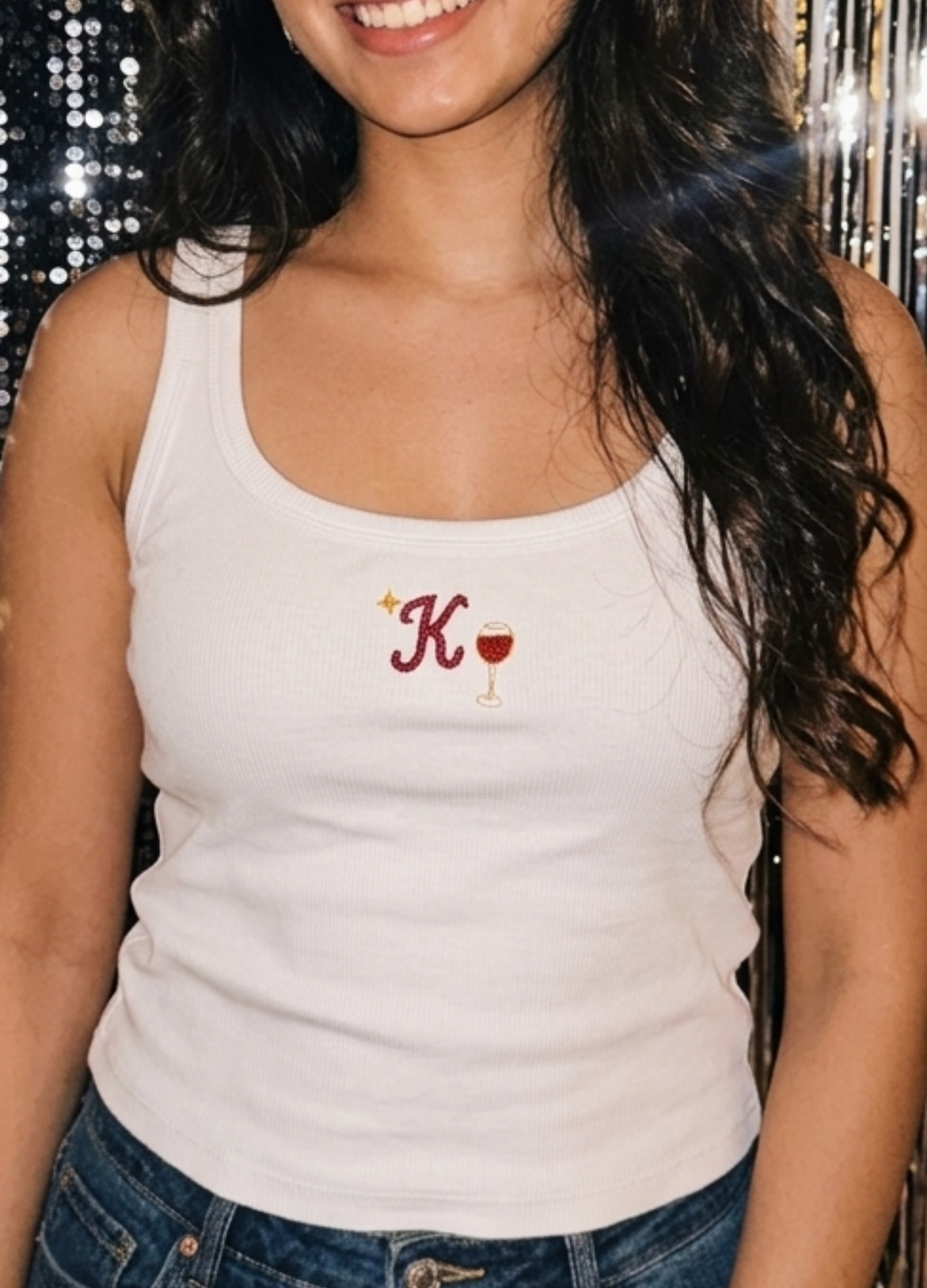 Wine with initial Scoop Neck Tank (Braless) - Fairy White